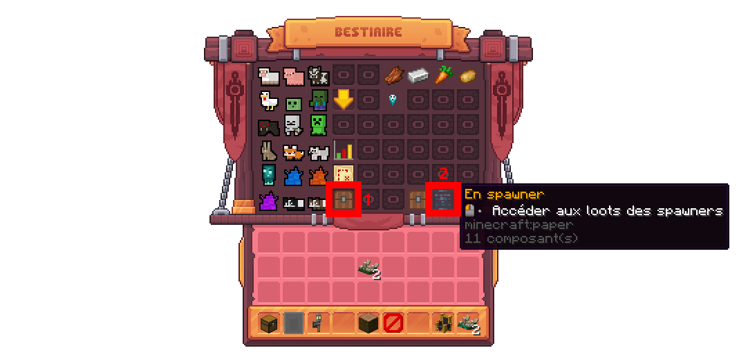 Visuel de l'interface des loots de spawner dans le bestiaire