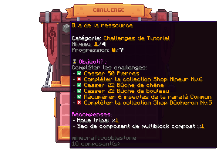 Visuel des objectifs à accomplir pour la première étape des challenges de tutoriel