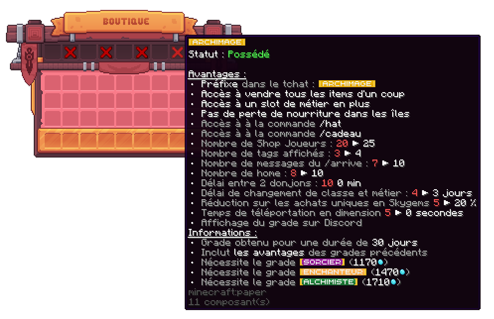 Visuel des avantages disponibles pour le grade Archimage depuis la boutique en jeu