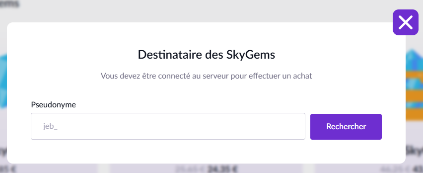Visuel de l'interface où indiquer le nom du joueur qui recevra les Skygems